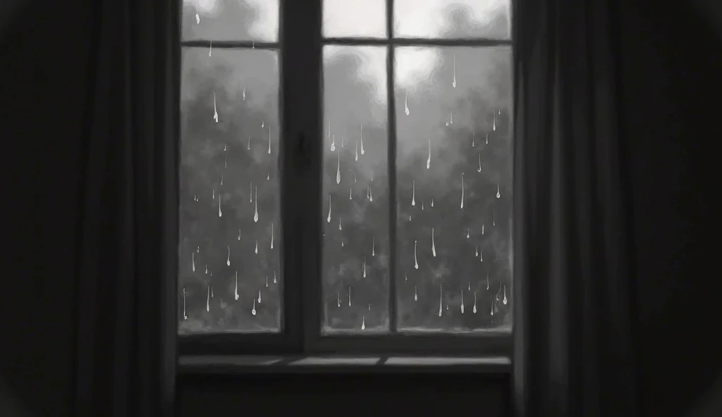 A blurred window with raindrops, evoking a peaceful and reflective mood in black