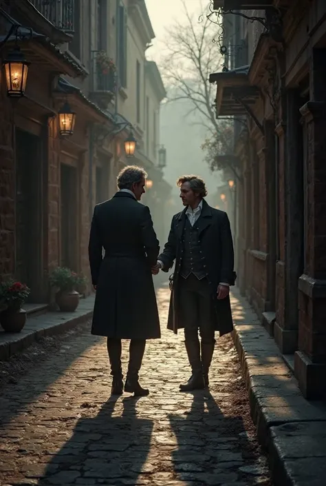 Create for me two men walking in a slightly dark alley a little far away, as if the two of you were talking about this in the 18th century