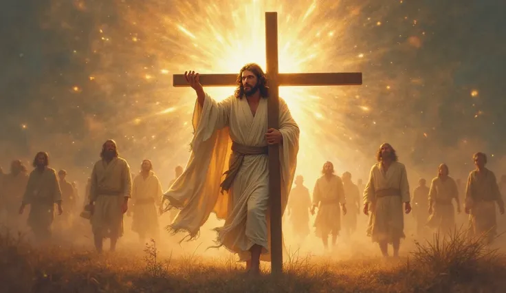  An artistic representation of Jesus carrying a cross,  with a divine glow around her . In the background, shadows of healed and freed people, symbolizing redemption and sacrifice