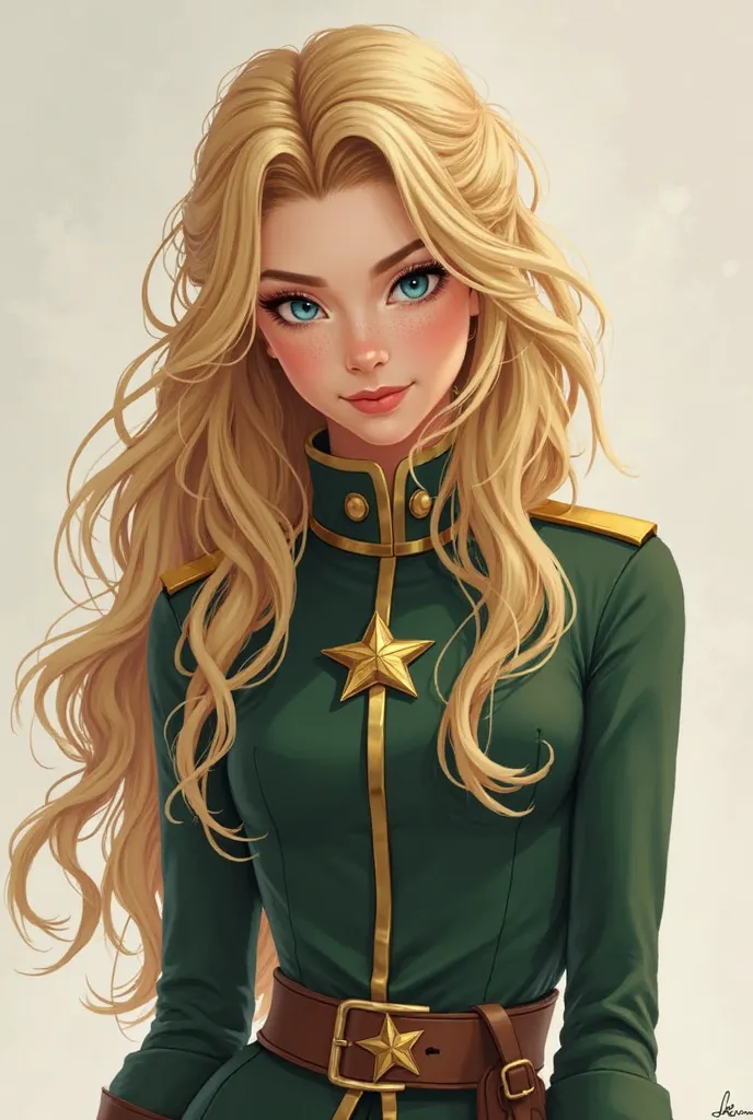 Create a character Cabelos: long, blonde, wavy,  falling down to the waist , usually loose or with a loose side braid.
eyes: clear, sky blue, brilliant, with a gentle but cunning look.
clothes: Uniforme da guilda (dark green tunic with gold details), but w...