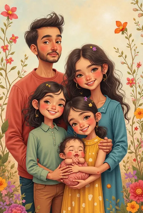 Give me an image of a family of 5 that looks like it was made by a  girl 