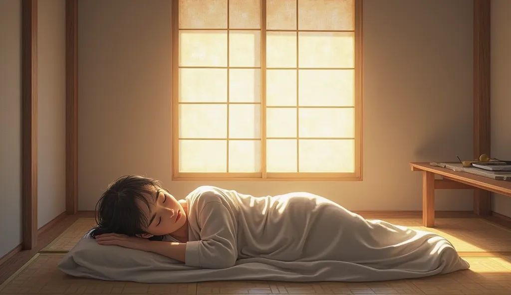 A person waking up in a minimalist washitsu (Japanese-style room) with only a futon, a small wooden table, and natural light streaming through a paper window.