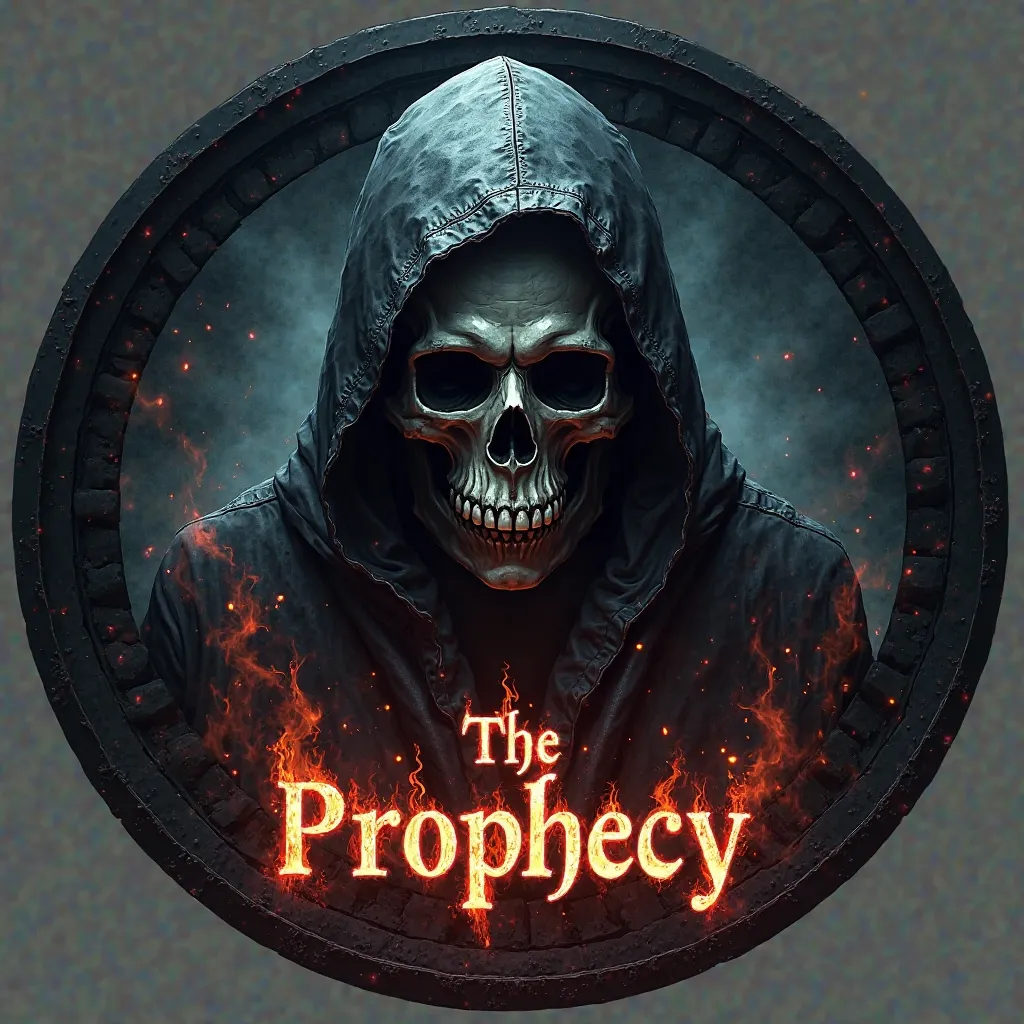 Create a circular logo , ENSUITE, PUT THE GHOST FIRE OF THE SKULL INSIDE THE CIRCLE WITH THE HOOD ON AND PUT THE NAME OF THE PROPHECY OUTSIDE THE CIRCLE 