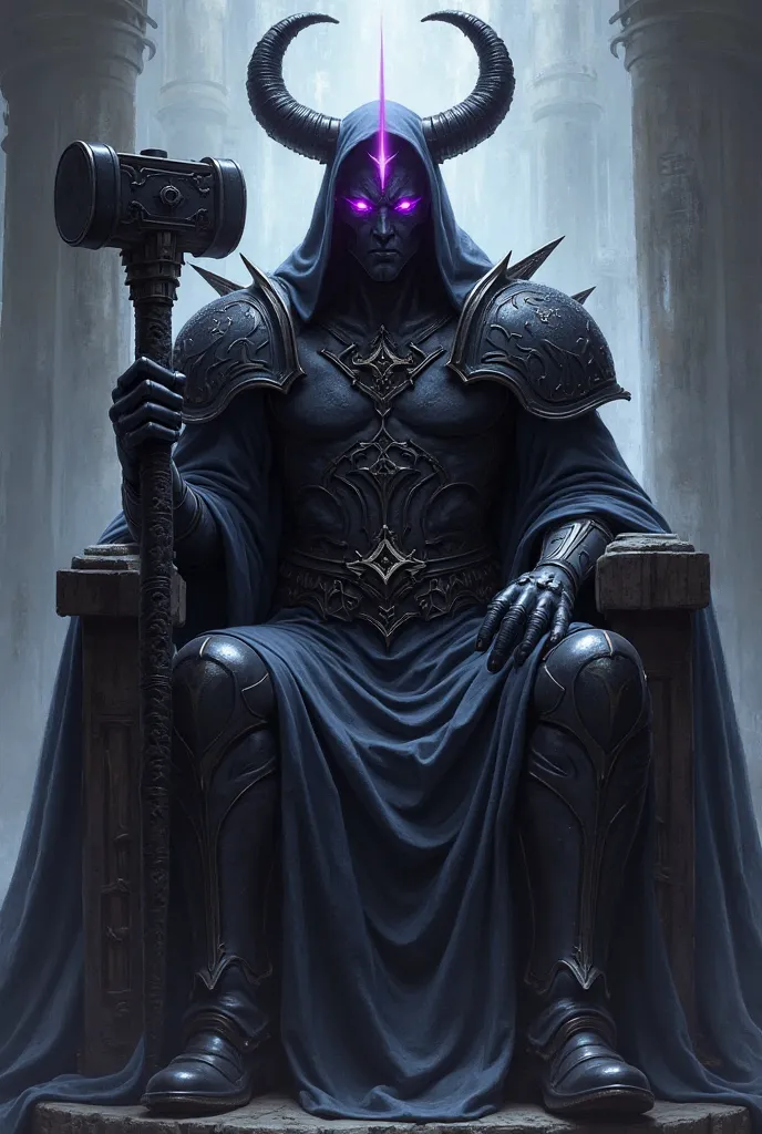 In keeping with the "Dark Lord" theme, draw a male character resembling Sauron from the Lord of the Rings universe, whose entire body is surrounded by darkness, whose face is invisible except for his eyes, but whose eyes glow with purple light, who wears l...