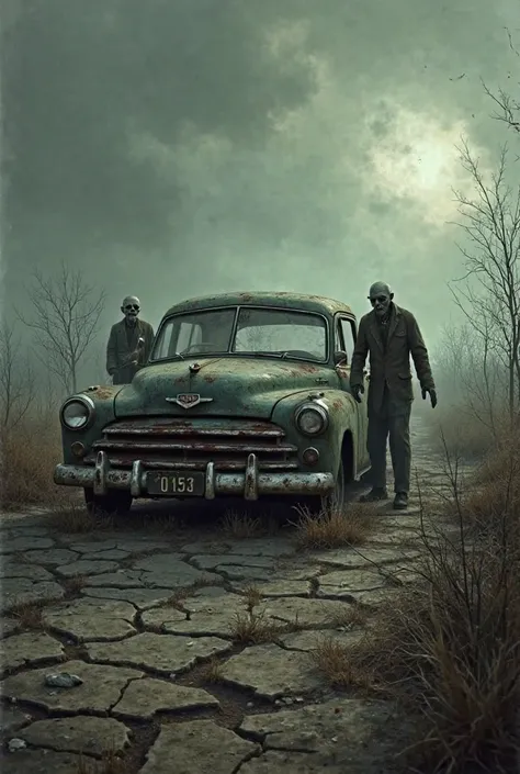 Abandoned car and two zombie 