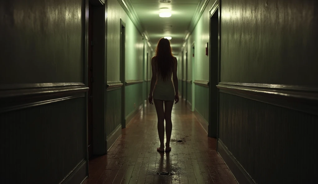 A dimly lit hotel hallway with old wooden floors and flickering overhead lights. A young Caucasian woman with long, wet auburn hair stands in the middle of the corridor, her back turned to the viewer, her head slightly tilted at an unnatural angle. Her clo...