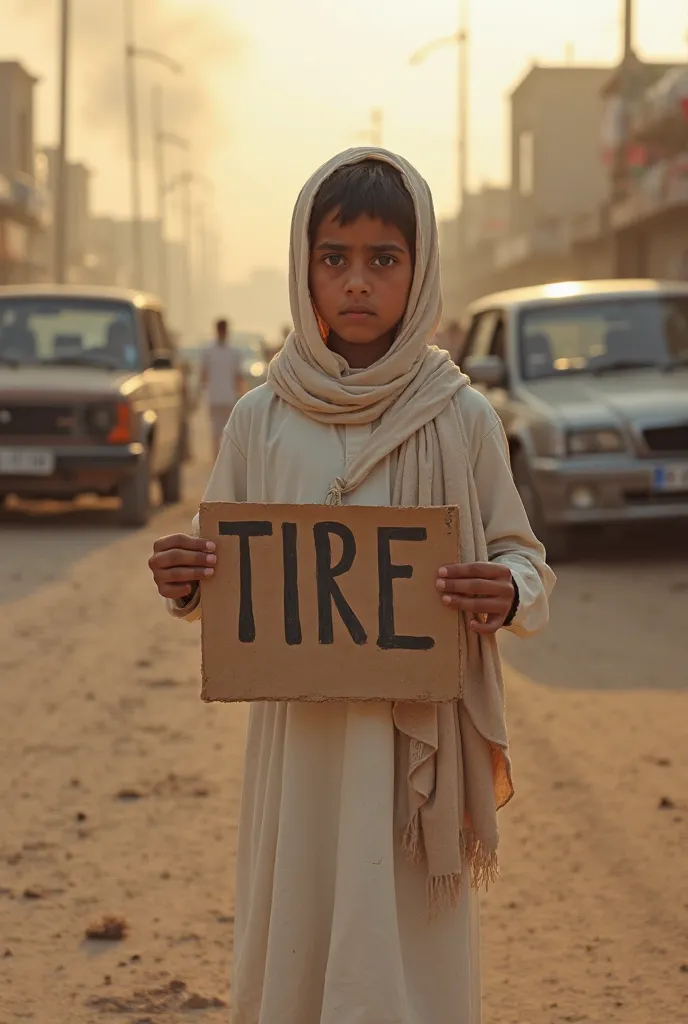 A young Yemeni boy, around , standing in the middle of a dusty street in Sana'a. He wears traditional Yemeni clothing (a white thobe and a worn-out shawl). His face looks sad, his eyes full of despair as he holds a handmade cardboard sign with the word 'TI...