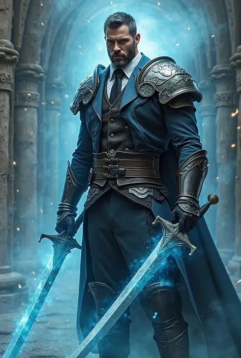    Handsome man  , tall and strong with a short beard ,  dressed in armor ,   dressed in a Victorian-style suit with gray tie underneath, brandishing two swords wrapped in blue light in combat pose