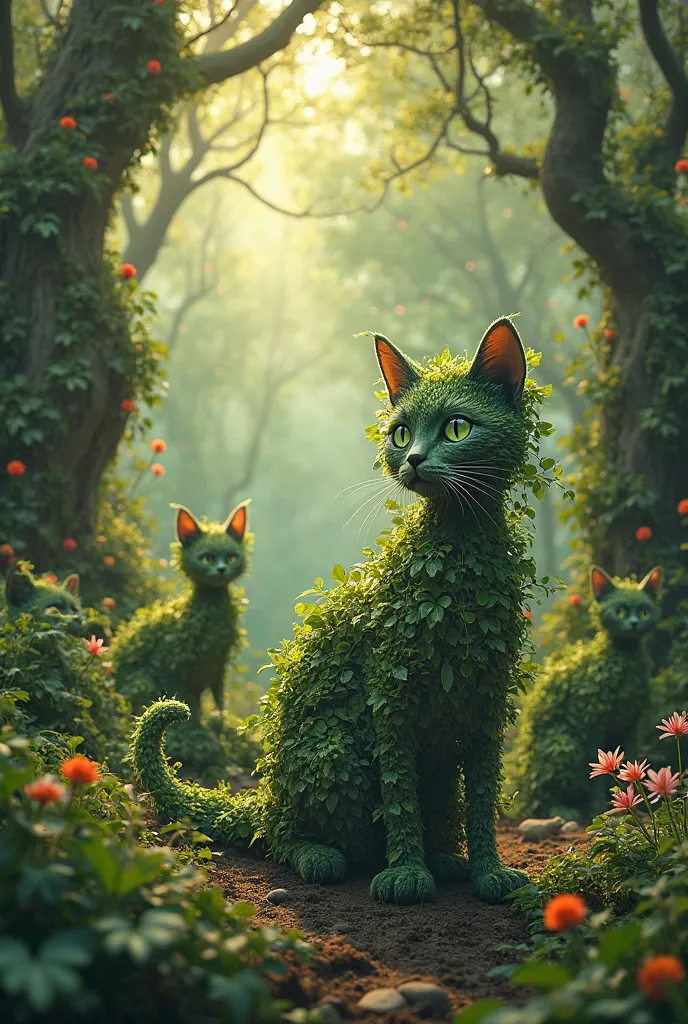 a forest of cats made of nature