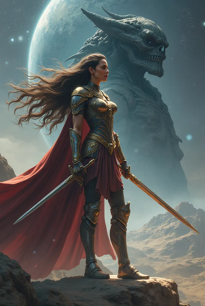 Warrior princess of the galaxies with long dark brown hair who defends the planet with her sword in her hand while confronting the alien prince