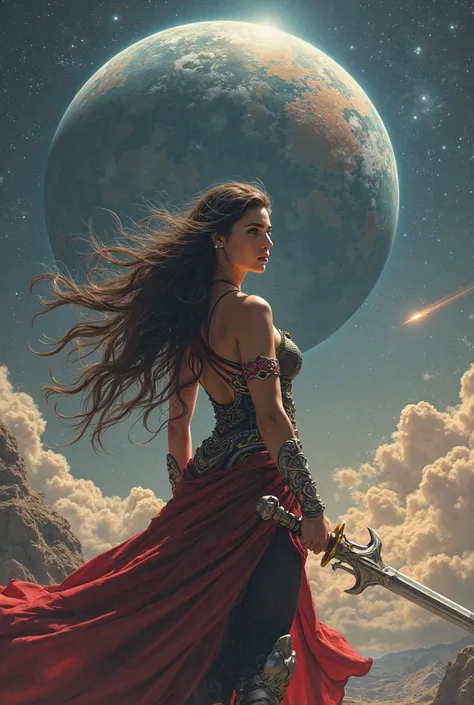 Warrior princess of the galaxies with long dark brown hair who defends the planet with her sword in her hand while confronting the alien prince