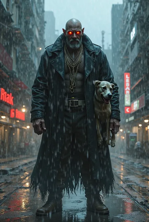 cyberpunk, cyborg, orc face, bald, trench coat, red eyes, raising dog, rain, night