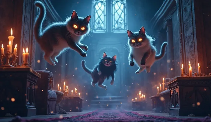 "Inside the dark mansion filled with floating candles, three cat ghosts appear in the air: The Baron Haunts Meow, Aristocratic ghost cat with a monocle and fuzzy mustache; Felinastic Madame, an elegant ghost cat with a translucent veil; and Gatostófeles, a...