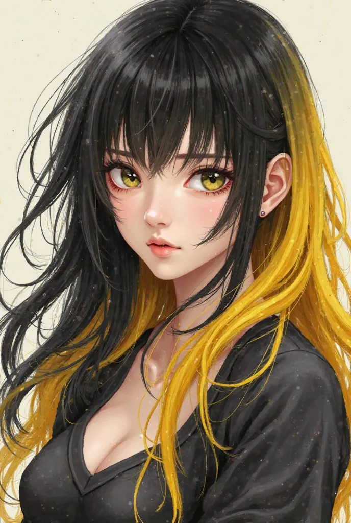 I want her to be a girl with not so short or so long black hair with yellow locks