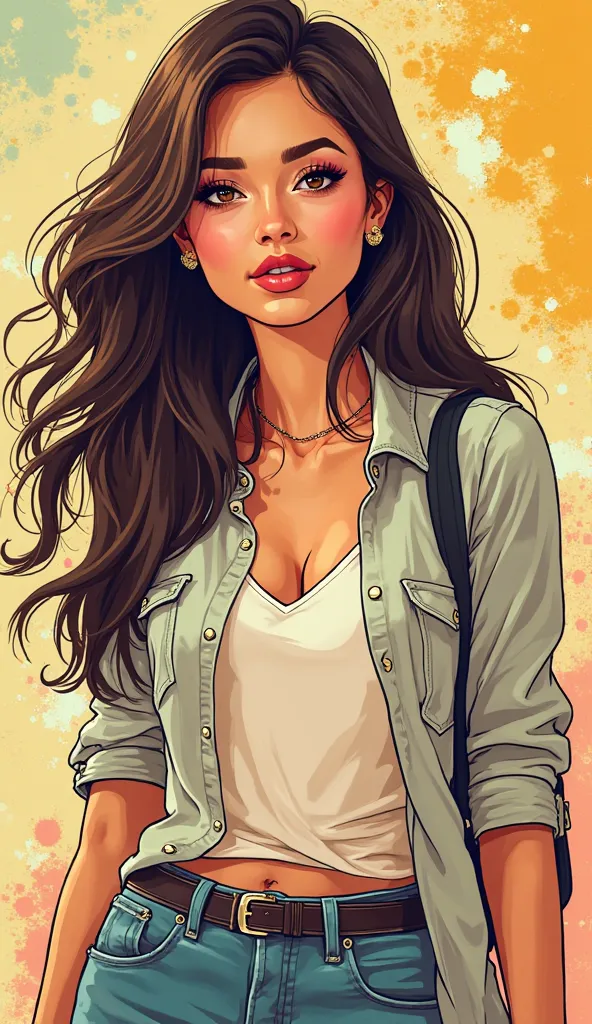 DISCREET image. with discreet casual clothes. image adult woman, american, comic book style. with a discreet smile. IMAGES WITH VIBRANT COLORS. focus on face. light colors