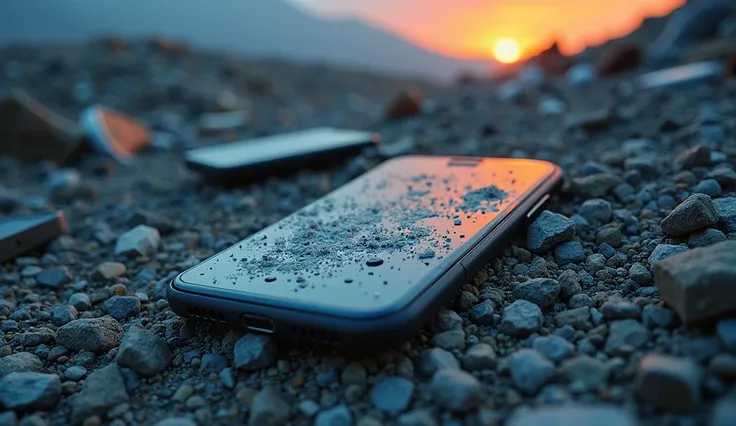 "A shocking YouTube miniature about planned obsolescence. The image shows a modern smartphone cracking and turning to dust, a broken computer and a broken tablet too, symbolizing its forced deterioration.  In the background, an electronic garbage dump with...