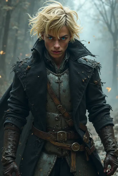 The blue-eyed Paladin is a blond, aristocratic man wearing a torn black coat over his worn armor. With an expression of madness on my face. A character under 23 years old