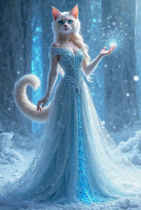 A majestic and elegant adult Siamese cat with long, silky fur in shades of white and silver, bright blue eyes and a serene expression. She is wearing a long, translucent dress, inspired by Elsa's outfit from Frozen, with ice and crystal details. The settin...