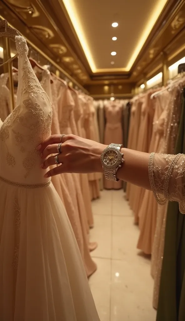 Ultra-realistic first-person POV shot of a woman’s elegantly manicured hands reaching out to pick a stunning designer gown from a lavish, gold-accented walk-in closet. Her wrists are adorned with delicate diamond bracelets and a luxury watch that glimmers ...