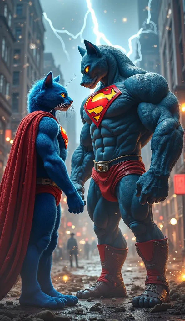 Oggy-Man, a massive blue feline with Superman's iconic cape, glowing S-shield, and indestructible metallic tail, stands tall on a crumbling city street. His muscular frame radiates power as he faces off against a monstrous hybrid cockroach-Parademon. Spark...