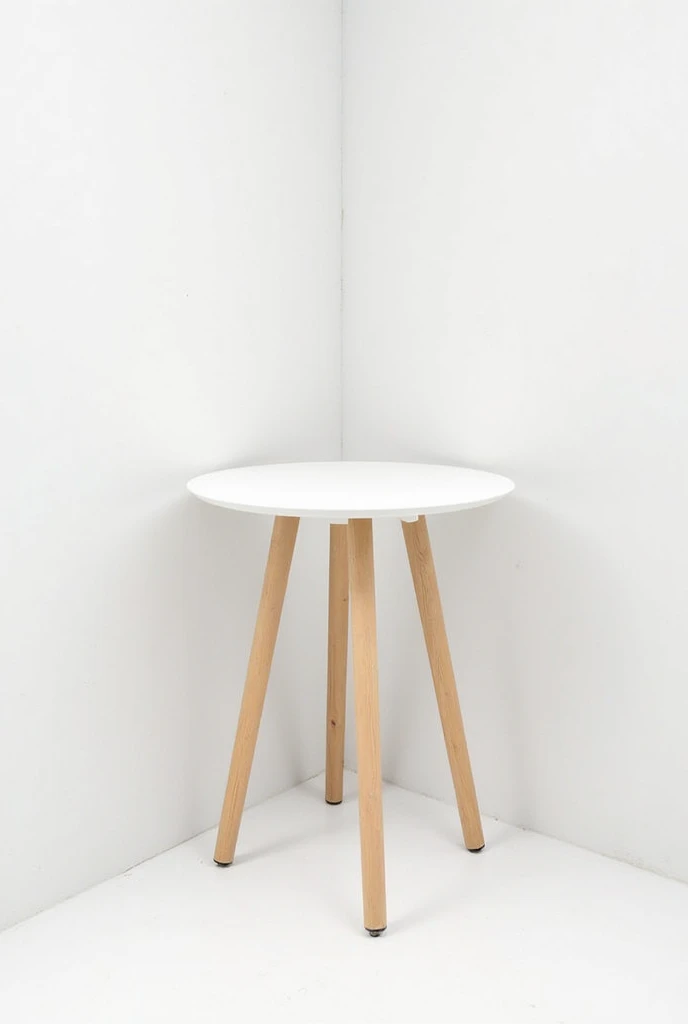 create an image of a round white corner table 35 centimeters wide by 40 centimeters high containing 3 wood-colored legs and the image on a white background