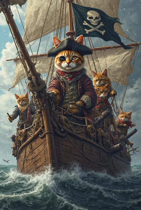 Imagine a stunningly realistic scene of pirate cats aboard their grand ship, sailing through a stormy sea under a cloudy sky. The captain, a large, fierce cat wearing a pirate hat adorned with feathers, stands proudly at the helm, one eye covered by a blac...