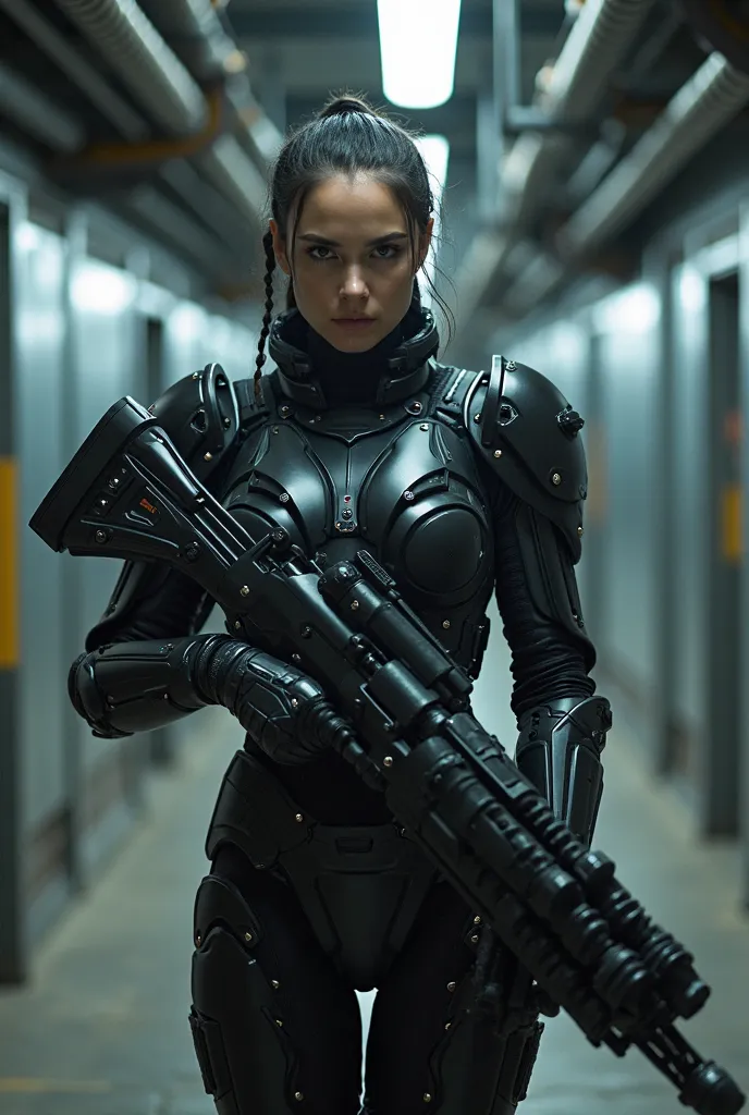 This image portrays a futuristic and intense scene featuring a female warrior or soldier clad in an advanced black exosuit. The armor is highly detailed, composed of overlapping plates and mechanical elements that provide both protection and flexibility. T...