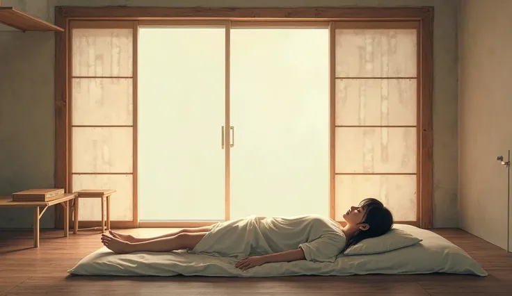 A person waking up in a minimalist washitsu (Japanese-style room) with only a futon, a small wooden table, and natural light streaming through a paper window. realist