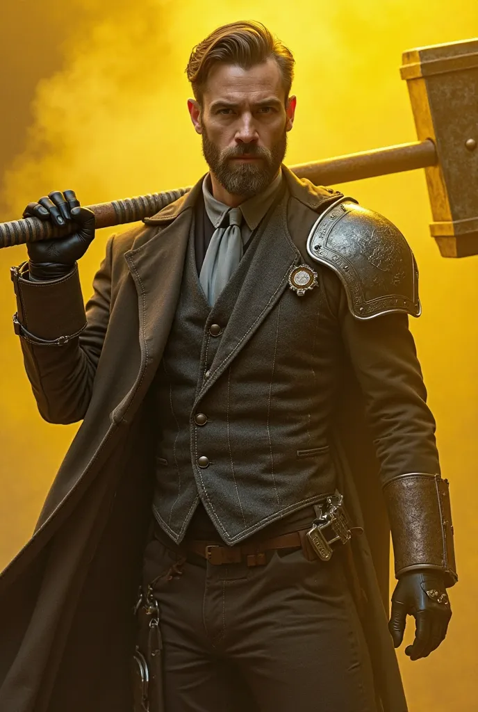    Handsome man  , tall and strong with a short beard ,  dressed in armor ,   dressed in a Victorian-style suit with gray tie underneath, brandishing a steel mallet shrouded in yellow light in combat pose with his partner,  A tall , strong and armed man