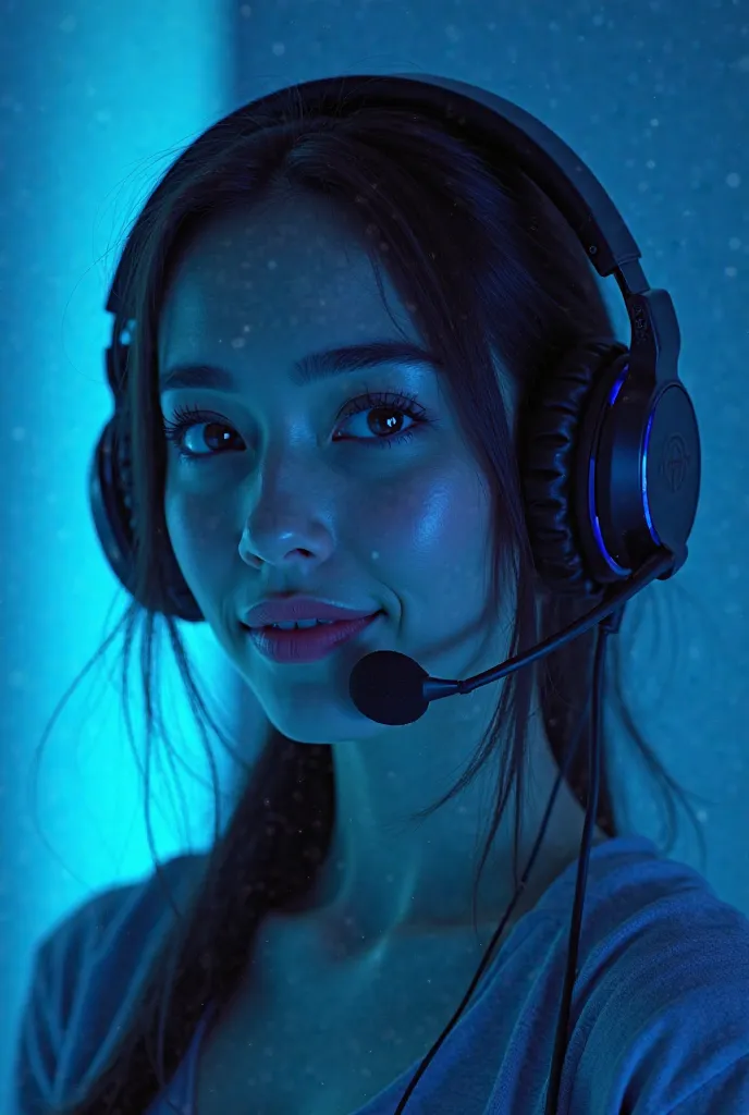 A stunning and confident female gamer wearing a sleek, high-quality gaming headset. She has a captivating gaze and a warm, engaging smile. Her detailed facial features are highlighted in ultra-realistic quality. A soft, ambient blue glow surrounds her, cre...