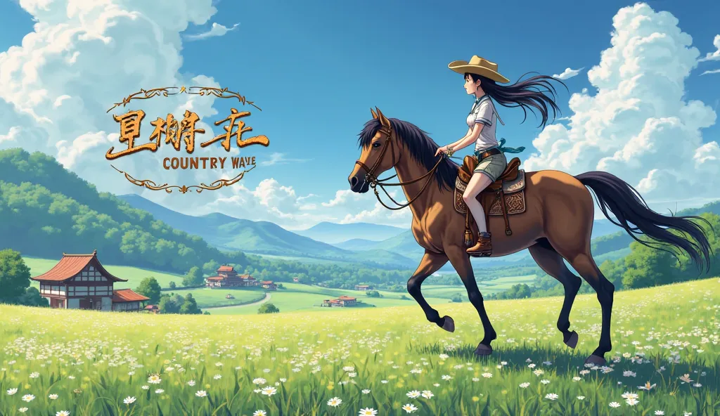 field and anime-style village life, and next to her, a beautiful girl in a cowboy hat is riding a horse, and in the center it is written in beautiful letters "COUNTRY WAVE"