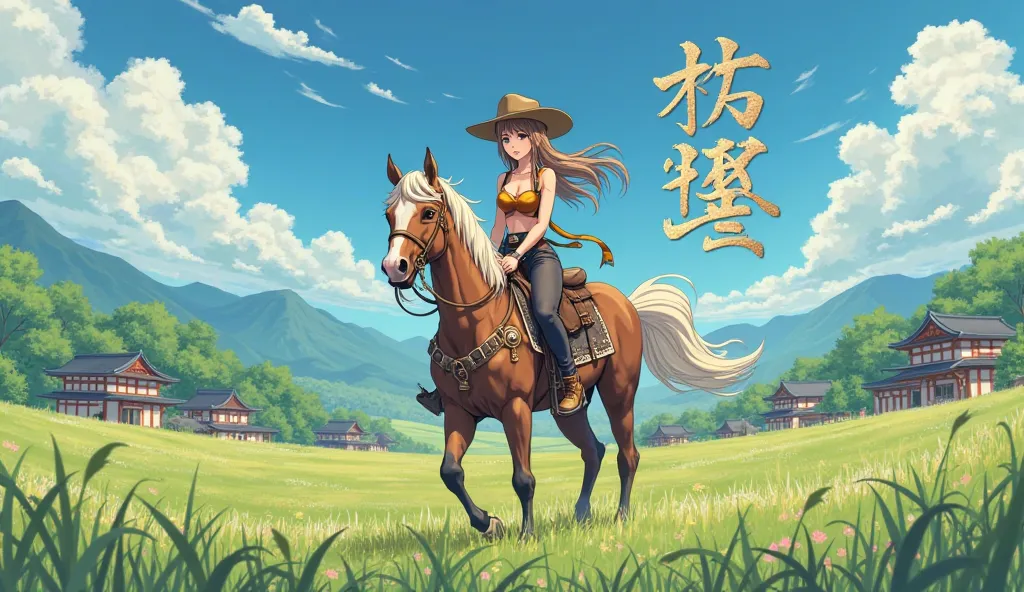 field and anime-style village life, and next to her, a beautiful girl in a cowboy hat is riding a horse, and in the center it is written in beautiful letters "COUNTRY WAVE"