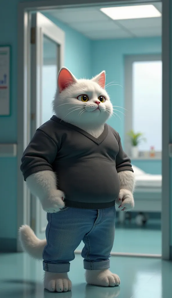 Body Builder A white cat standing looking at the glass door with a sad expression, Background in the hospital room, A muscle building white cat character wearing a black sweater and blue jeans, 3D mud animation