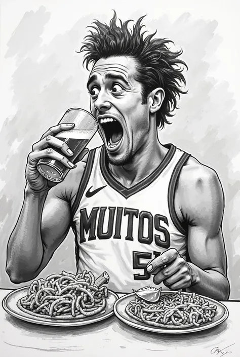 Photo of famous but unrealistic athletes, a little more linear or in a cartoon, drinking beer in black and white, but as if they were newspaper or magazine clippings or that are not realistic, a little more linear or in a cartoon eating Spanish and Mexican...