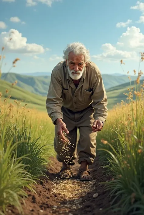 Grandfather sows a field