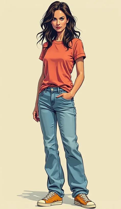 DISCREET image. with discreet casual clothes. image adult woman, american, just comic book style. with a neutral face. IMAGES WITH VIBRANT COLORS. all body