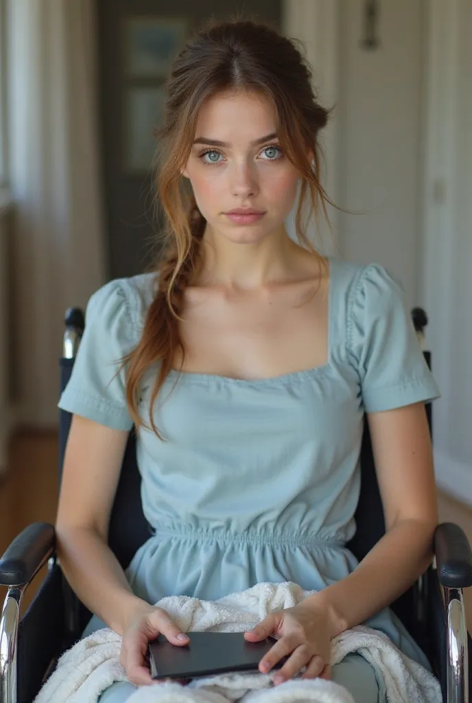 Beautiful 21 year old woman,  Brown hair tied in a ponytail , blue eyes. Pretty simple short light blue dress. sitting in a wheelchair , Innocent and serious look.  holding a black book , with a blanket on his legs. 