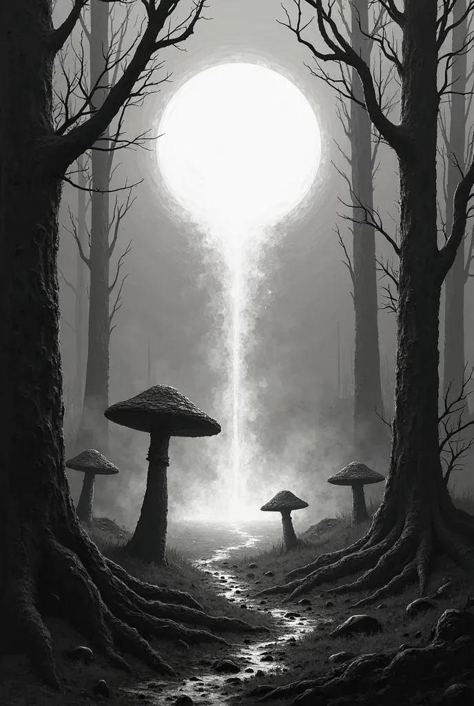  Poster, black and white, contemporary art, forest stubs, of mushroom trees, also mist, na srodku kula świetliskego swiatła z niej wypływajaca mgła