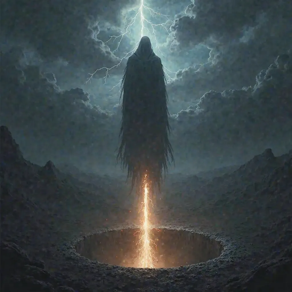 dark silhouette levitating above a round crater,  night, storm, a flash of energy would cover the crater vertically. Mystic