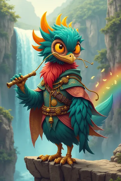 "A male kenku bard, vibrant teal feathers with golden tips, scarlet neck plumage, amber owl-like eyes, blue-green striped beak. Wearing a patchwork cloak with bells and ribbons, holding a bamboo flute. Standing on a cliff with a rainbow waterfall, magical ...