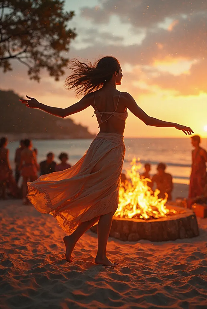 Woman dancing on the beach at the fire pit with people