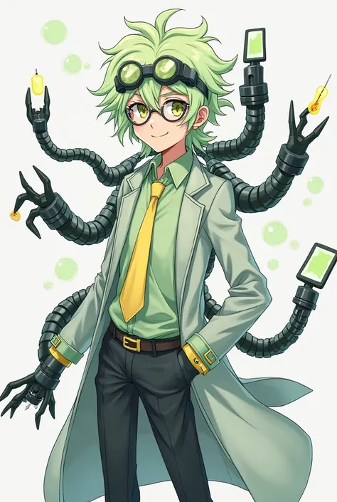 Draw a girl
Hair: Light green, messy and voluminous. Glasses: He wears round, technological glasses on top of his head. Outfit: Light green jacket, yellow tie, black trousers and a long coat with gold details. Arms/Tentacles: He has mechanical, black tenta...