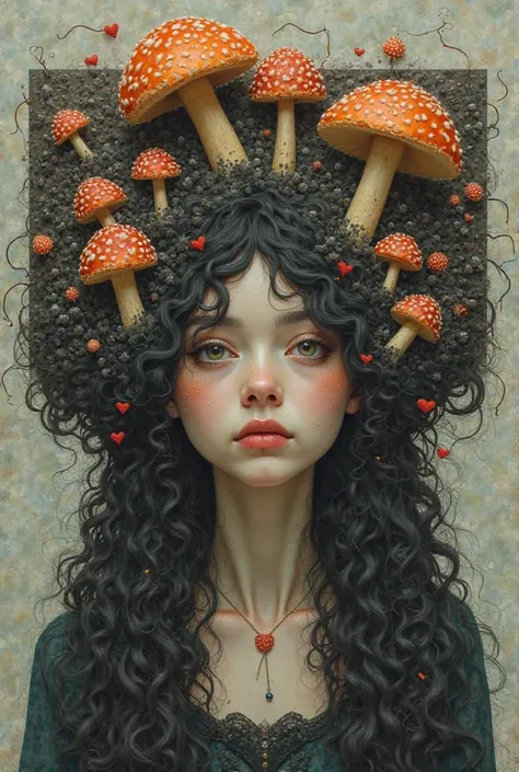 A woman with long curly square hair with hallucinogenic mushrooms and hearts in her head 