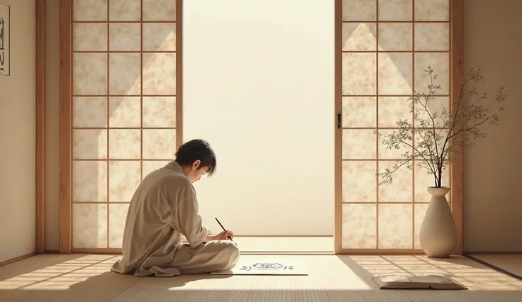 A person writing their daily goals on washi paper with a brush pen, sitting in a minimalist Japanese room with soft natural lighting. image realist