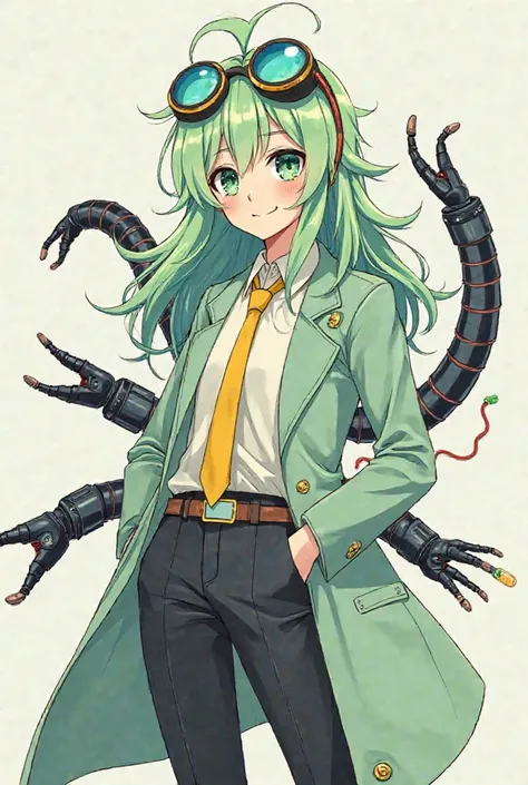 Draw a girl Hair: Light green, messy and voluminous,long. Glasses: He wears round, technological glasses on top of his head. Outfit: Light green jacket, yellow tie, black trousers and a long coat with gold details. Arms/Tentacles: He has mechanical, black ...