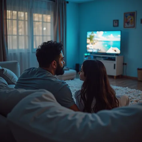 35-year-old father,  dark skin color , dark colored eyes,  dark hair, with a beard and burly physique. Watching television in the living room of the house with the  daughter, white skin,  dark hair y rizado. the house painted in pastel blue tones.