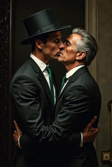 Handsome man dressed in black suit and green tie with black top hat kissing handsome older man