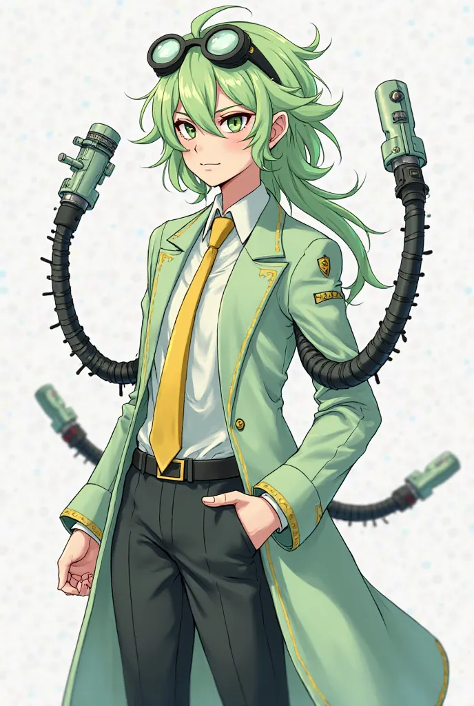 Draw a girl Hair: Light green, messy and voluminous,long. Glasses: He wears round, technological glasses on top of his head. Outfit: Light green jacket, yellow tie, black trousers and a long coat with gold details. Arms/Tentacles: He has mechanical, black ...