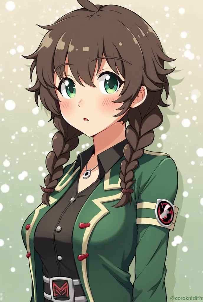 Make me like a character from My Hero Academia. -Big green eyes -pale skin -Very rosy cheeks -shy/scates appearance -moles -skin complexion -big breast

As for her hair:

a fringe -hair tied in TWO (2) low pigtails -wavy -long -brown Add her a hero costume...