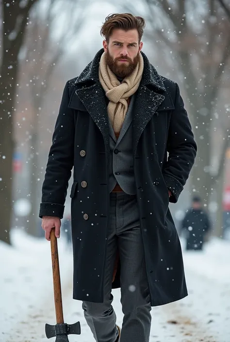 Tall and strong handsome man with brown hair with a short beard dressed in a black coat with a beige ascott scarf tied around his neck underneath and a suit underneath with axe in hand walking through the snowy streets